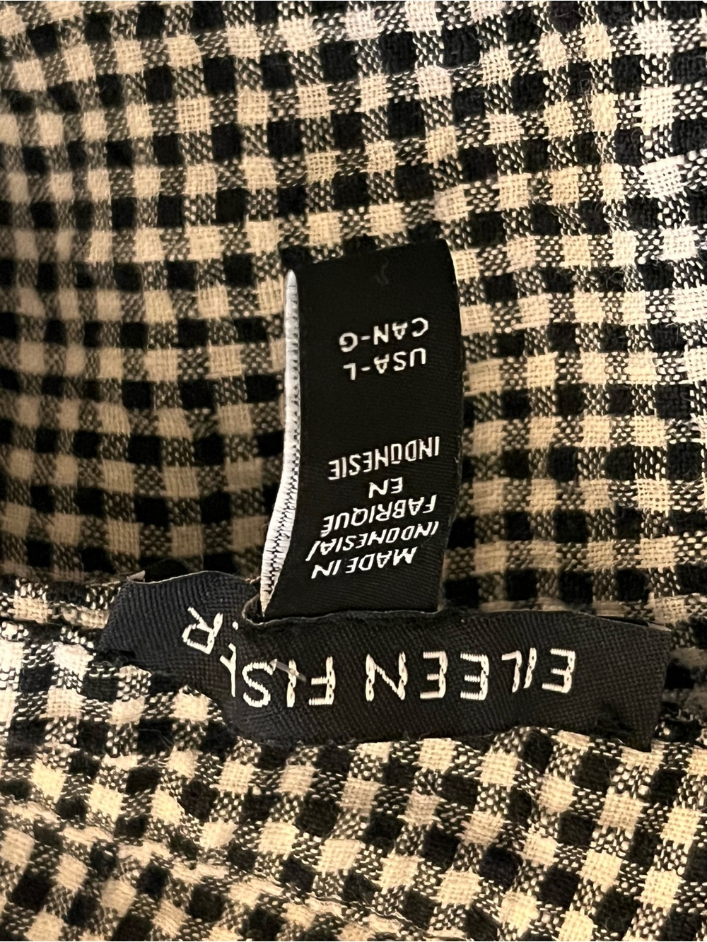 Eileen Fisher Puckered Organic Linen Gingham Black White Classic Collar Shirt L - Picture 10 of 11